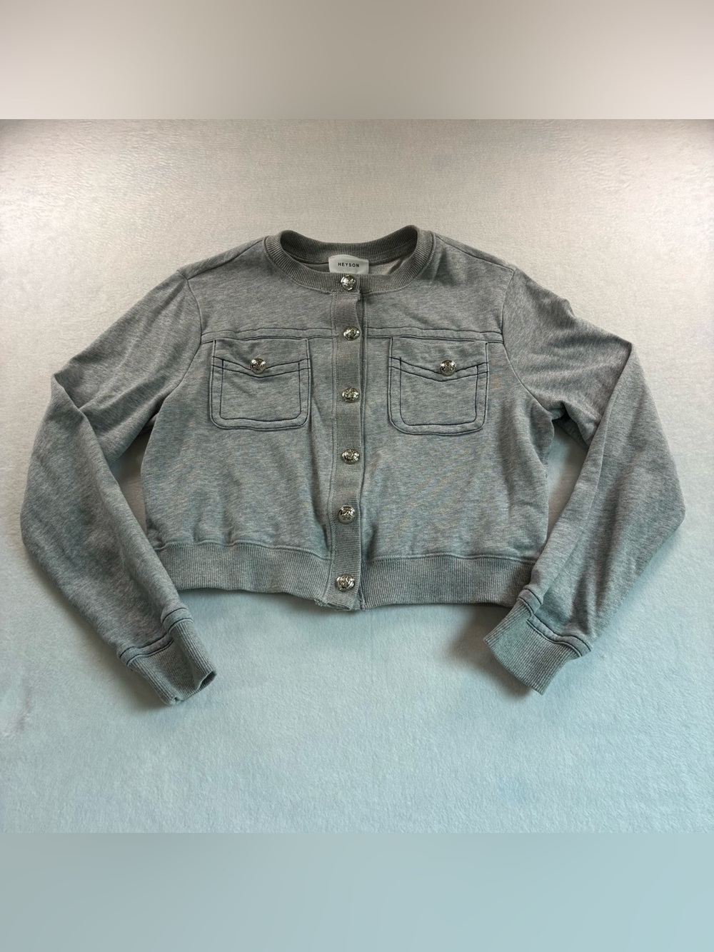 Grey Cropped Button-Front Casual Jacket